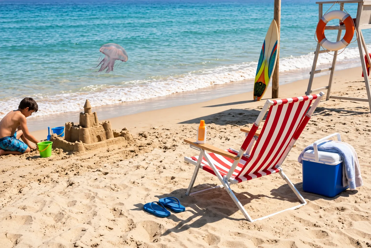 A beach with a sandcastle, a deck chair, a cooler and a lifebuoy